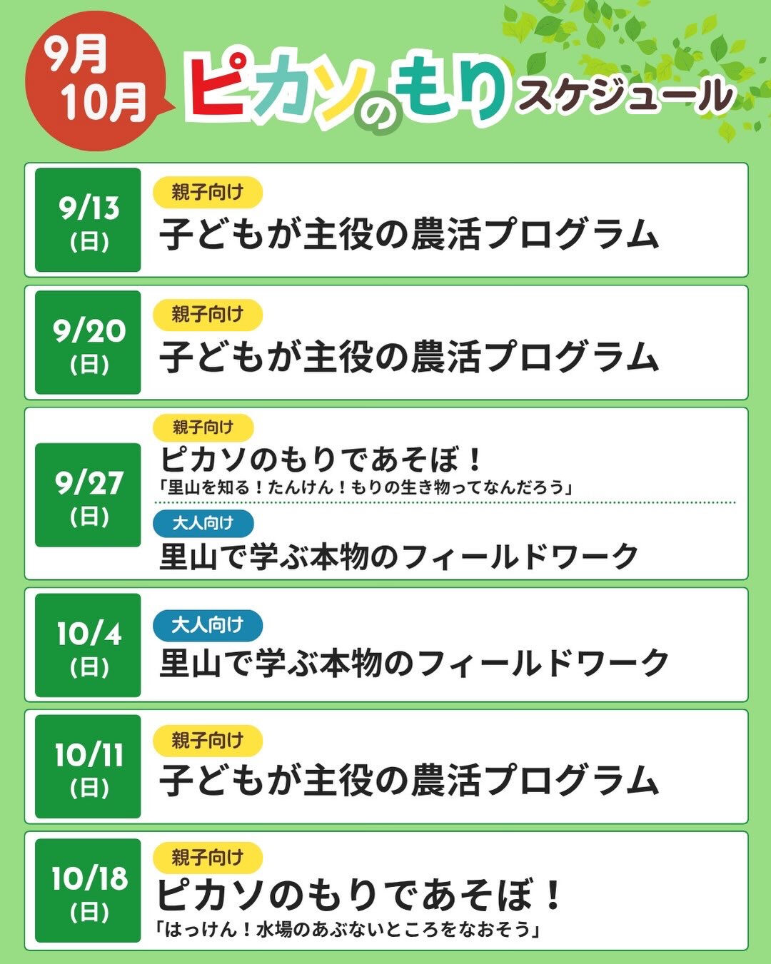 この秋、ピカソのもりでは、子どもから若者まで自然を楽しめる3